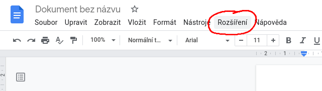 Smímek obrazovky - horní panel Dokumentů Google