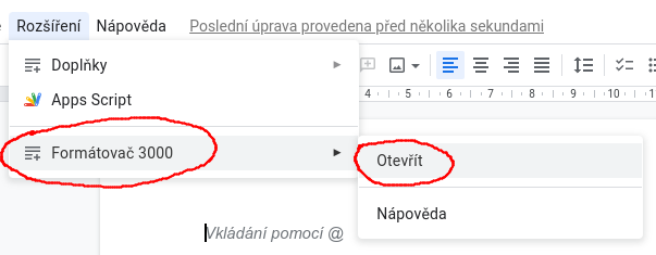 Snímek obrazovky - rozbalené menu Doplňky, kde je nyní nainstalován Formátovač 3000