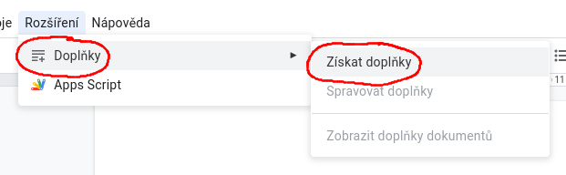 Smímek obrazovky - rozbalené menu Doplňky