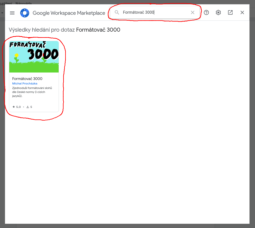 Smímek obrazovky - okno Google Workspace Marketplace, ve vyhledávači zadán Formátovač 3000