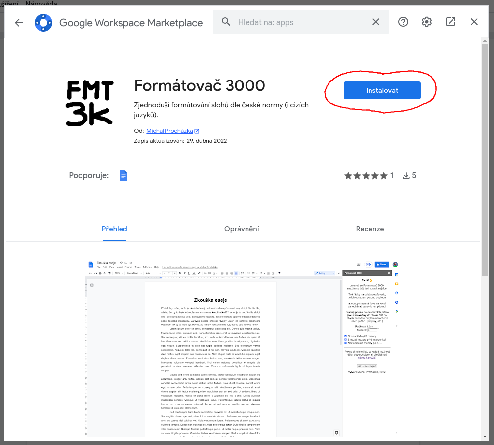 Smímek obrazovky - položka Formátovač 3000 na Google Workspace Marketplace