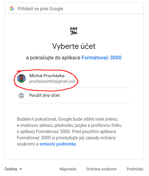 Smímek obrazovky - přihlašovací okno Google