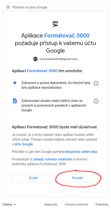Smímek obrazovky - přihlašovací okno Google, potvrzení přístupu Formátovače 3000