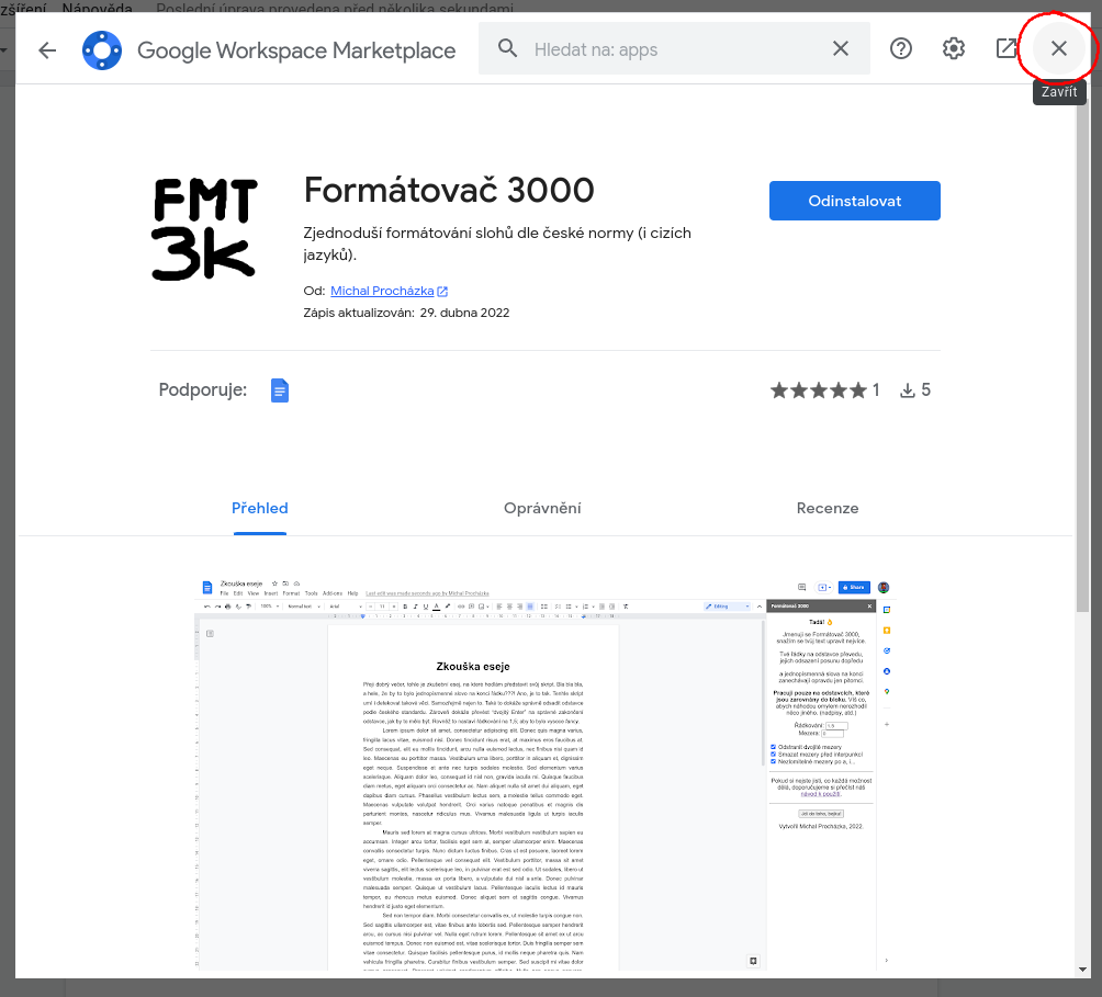Smímek obrazovky - položka Formátovač 3000 na Google Workspace Marketplace